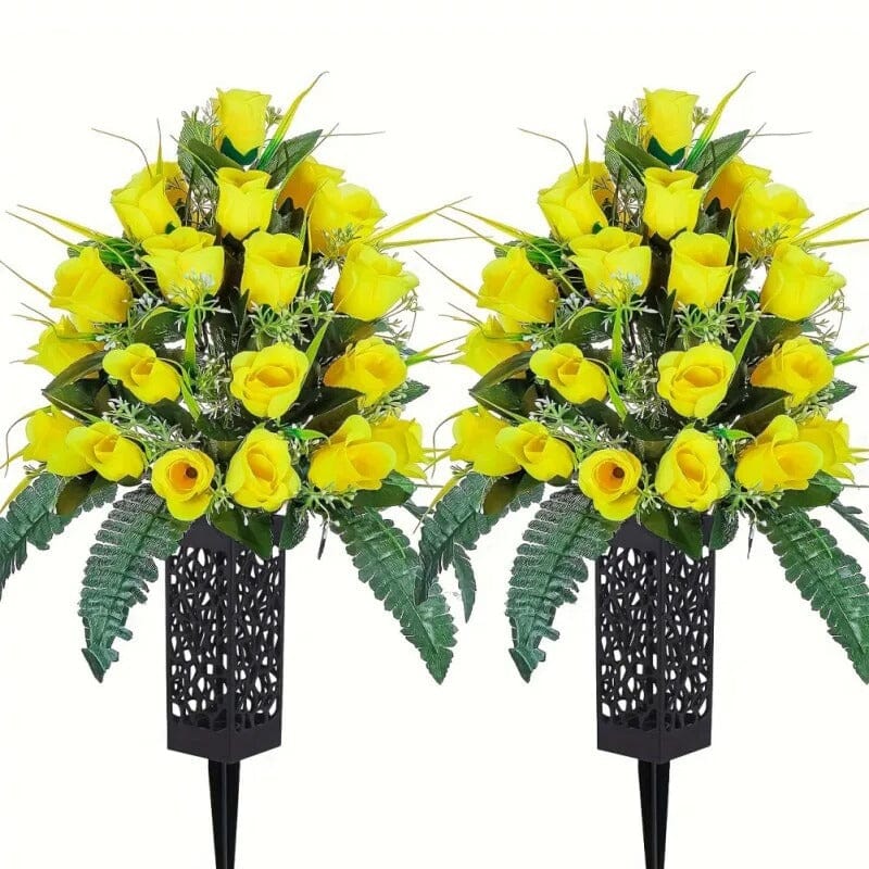 2 Bouquets de Fleurs Artificielles pour Cimetière - Rose Jaune