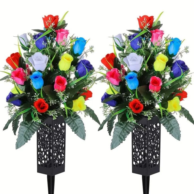 2 Bouquets de Fleurs Artificielles pour Cimetière - Rose Multicolores