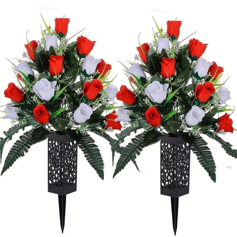 2 Bouquets de Fleurs Artificielles pour Cimetière - Rose Rouge et Blanche