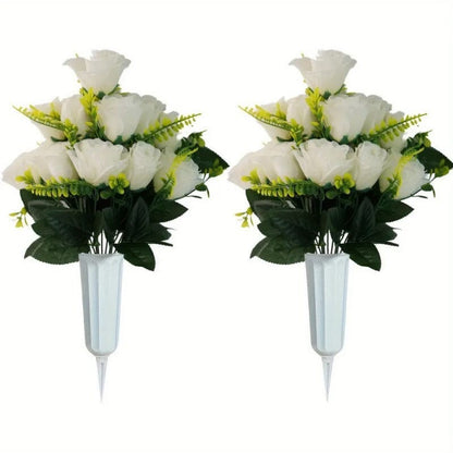 2 Bouquets de Fleurs Artificielles pour Cimetière - Roses Blanches