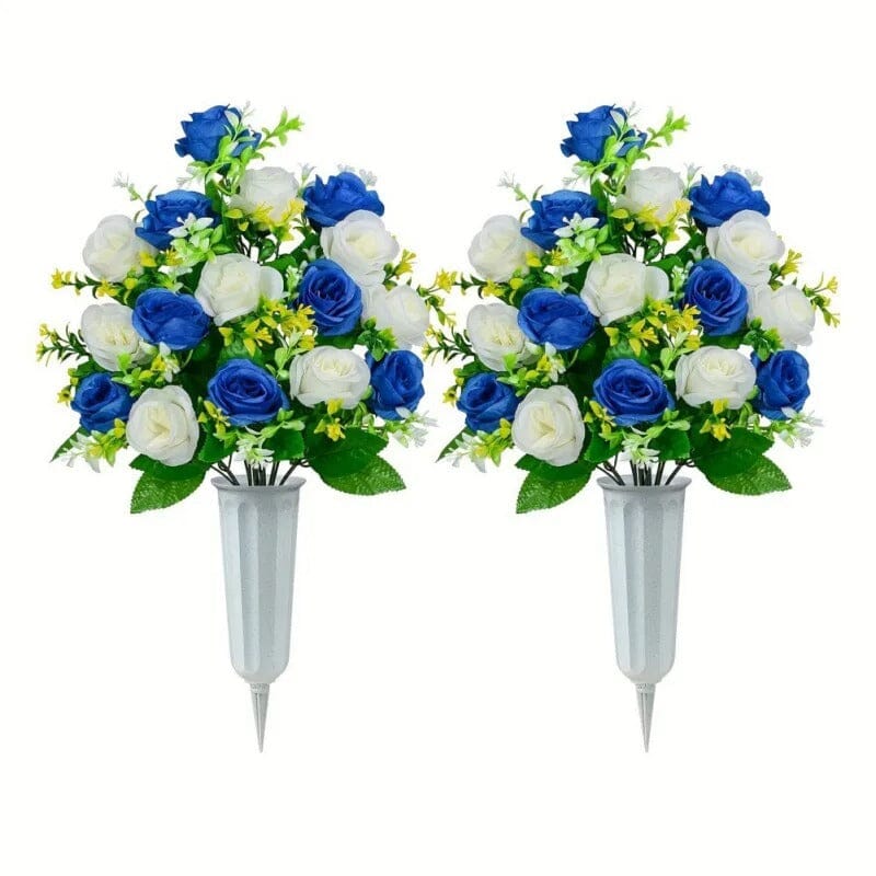 2 Bouquets de Fleurs Artificielles pour Cimetière - Roses Bleues et Blanches