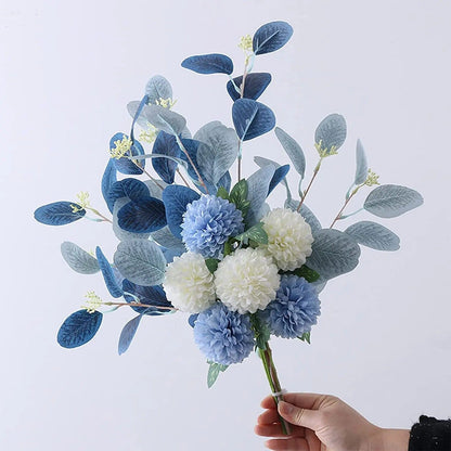 Bouquet Artificiel Hortensias, Chrysanthèmes &amp; Eucalyptus - Bleu