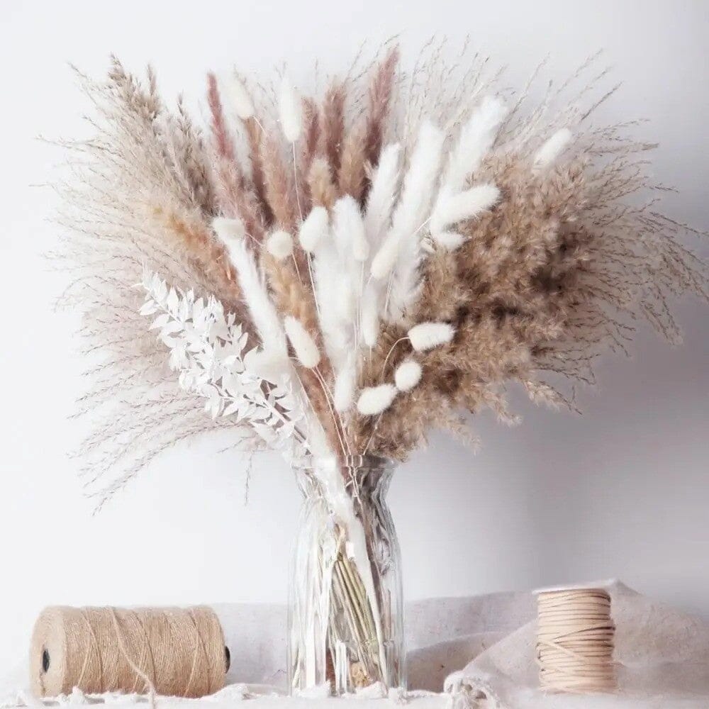 Bouquet de Fleurs Séchées Naturelles - Pampas Blanc et Beige - 45 cm