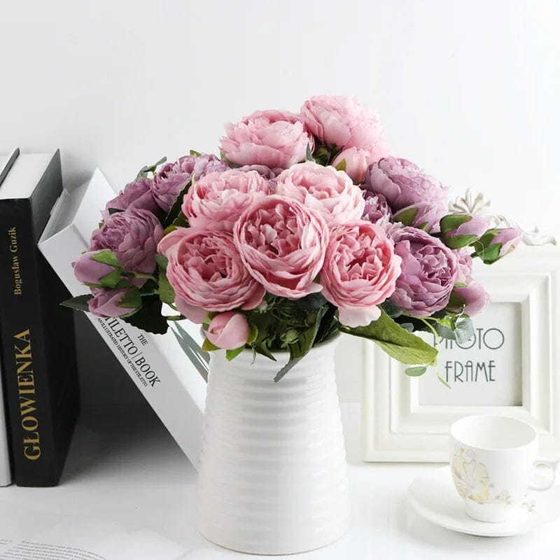 Bouquet de Pivoines Artificielles – 5 Fleurs en Tissu, 30 cm, Dégradé de Rose