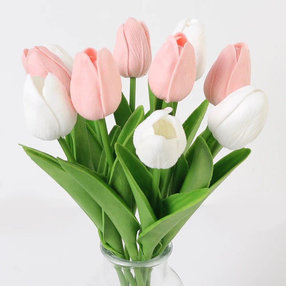 Bouquet Tulipe Artificielle - Rose Pâle et Blanc (10 Fleurs)