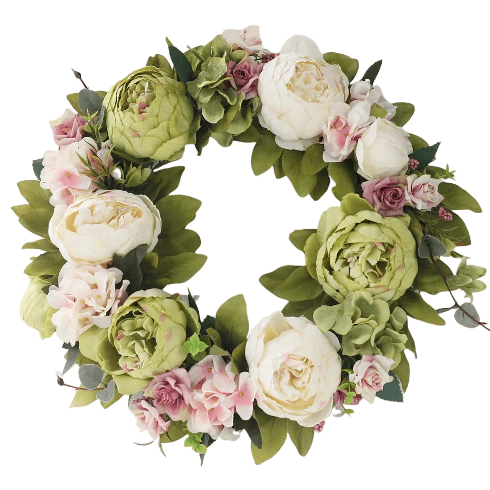 Couronne artificielle de pivoines et hortensias vert tendre – 40 cm