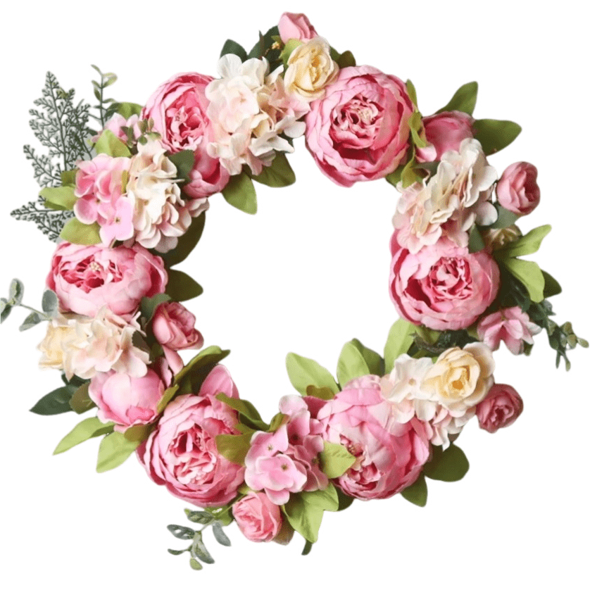 Couronne artificielle de pivoines roses et hortensias blancs – 40 cm