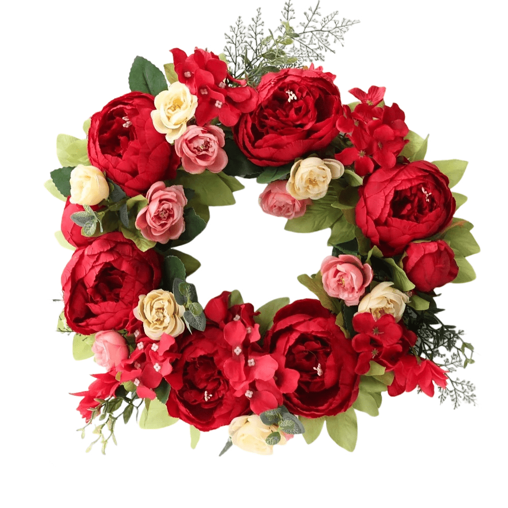 Couronne artificielle de pivoines rouges et roses crème – 40 cm