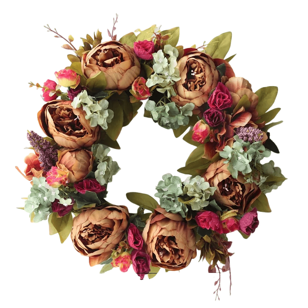 Couronne artificielle séchées fleurs de pivoines caramel et roses fuchsia – 40 cm