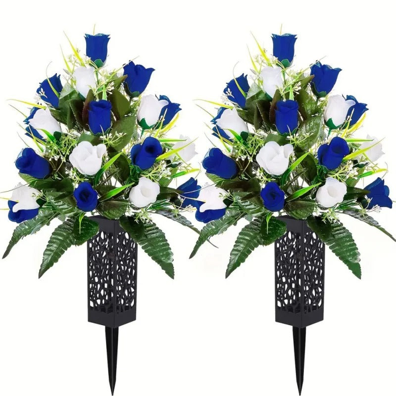 2 Bouquets de Fleurs Artificielles pour Cimetière - Rose Bleu et Blanc