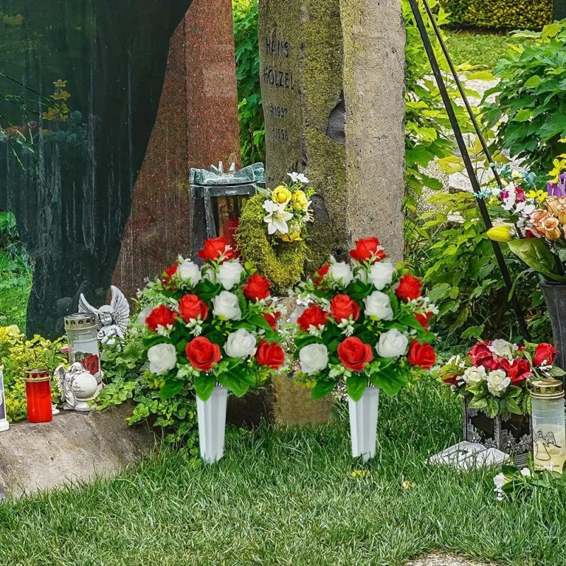 2 Bouquets de Fleurs Artificielles pour Cimetière - Roses Bleues et Blanches