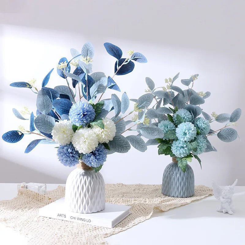 Bouquet Artificiel Hortensias, Chrysanthèmes &amp; Eucalyptus Jaunes