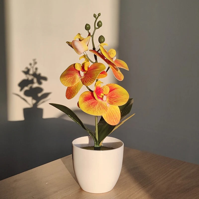 Fausse Orchidée Artificielle en Pot - 35 cm Jaune Orangé