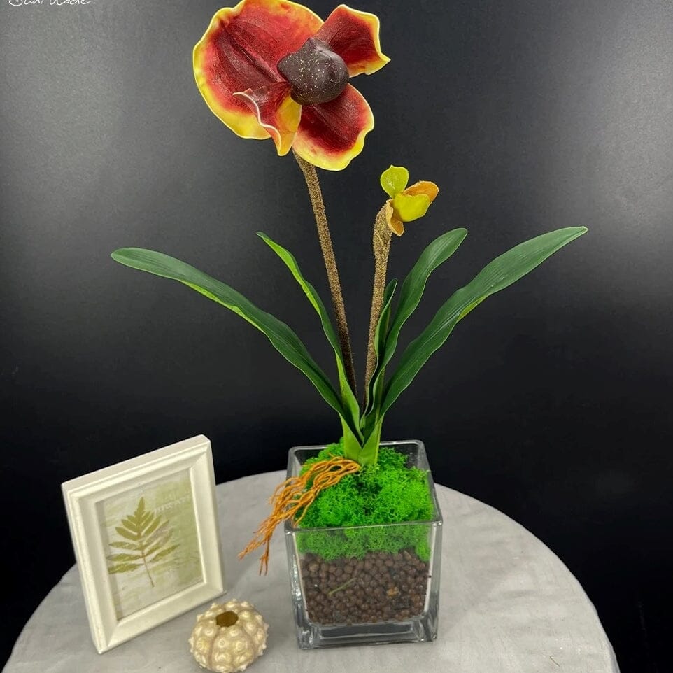 Orchidée Artificielle Paphiopedilum 48 cm, Rouge et Jaune