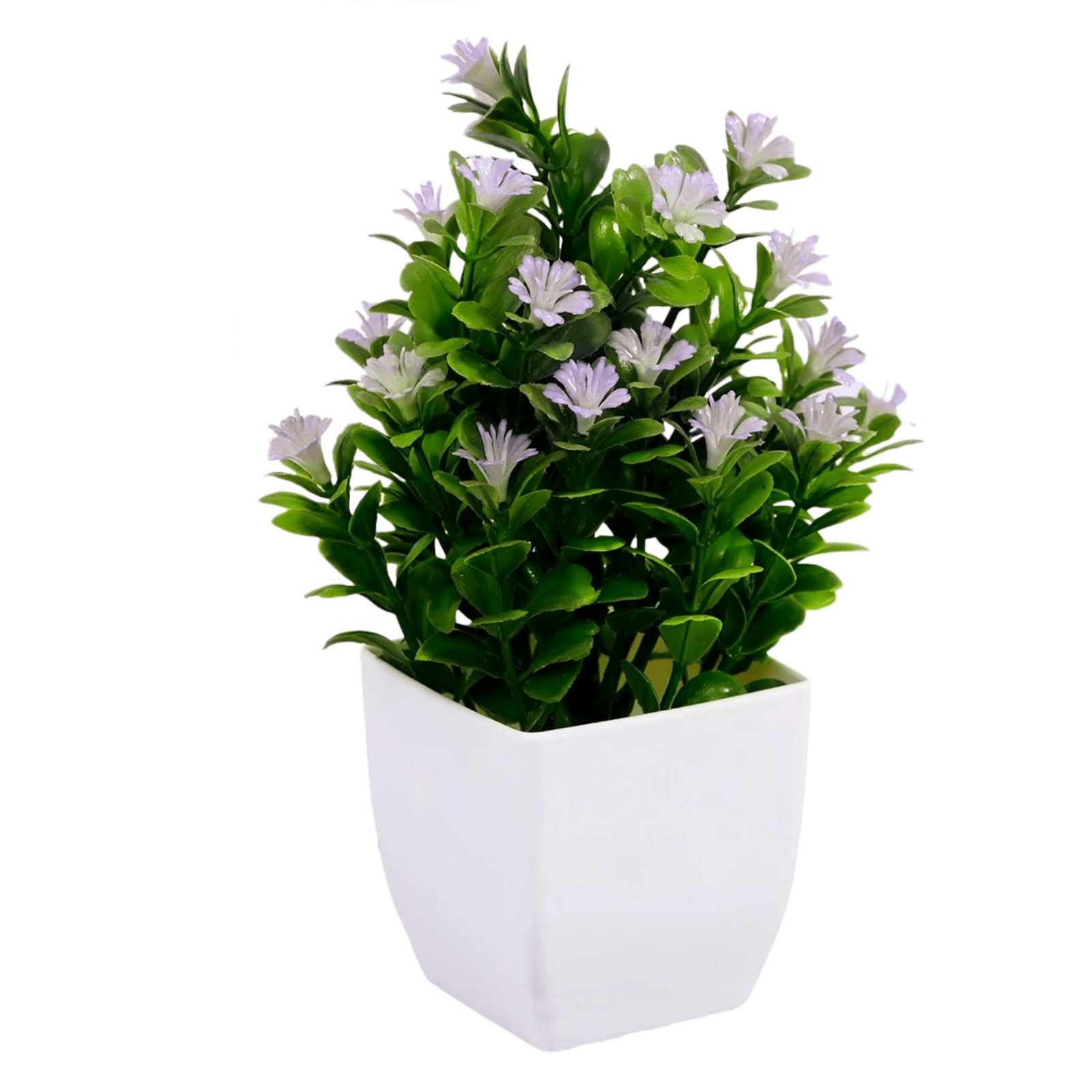 Plante artificielle en pot - Feuillage vert et fleurs lilas - 19 cm