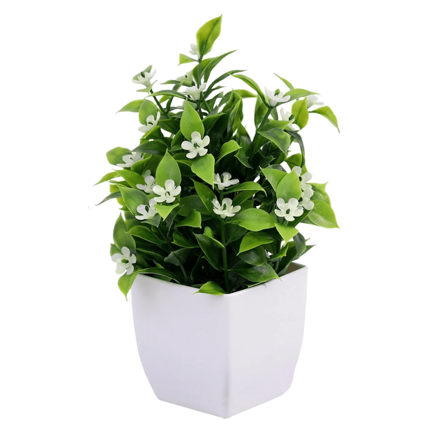 Plante artificielle en pot - Feuillage vert et petites fleurs blanches - 19 cm