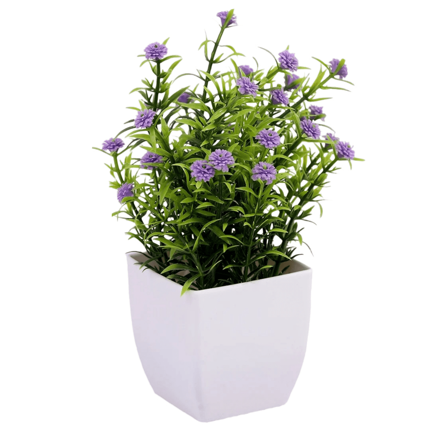 Plante artificielle en pot - Fleurs violettes et feuillage vert - 19 cm