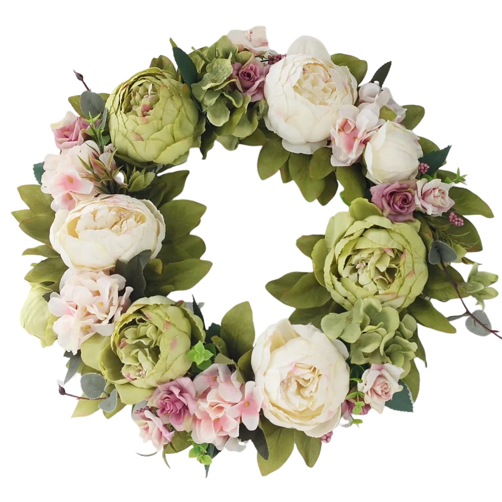 Couronne artificielle de pivoines et hortensias vert tendre – 40 cm