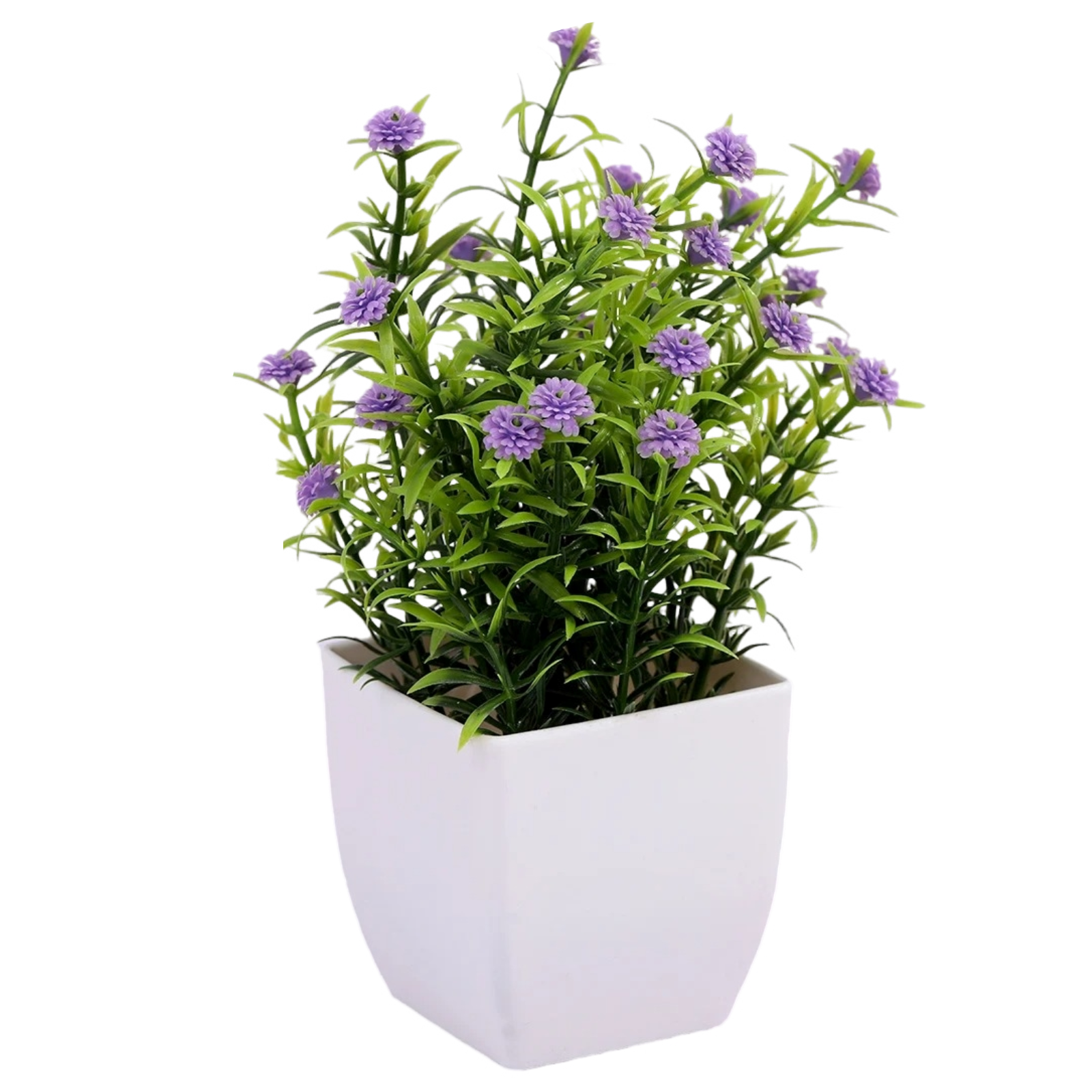 Plante artificielle en pot - Fleurs violettes et feuillage vert - 19 cm