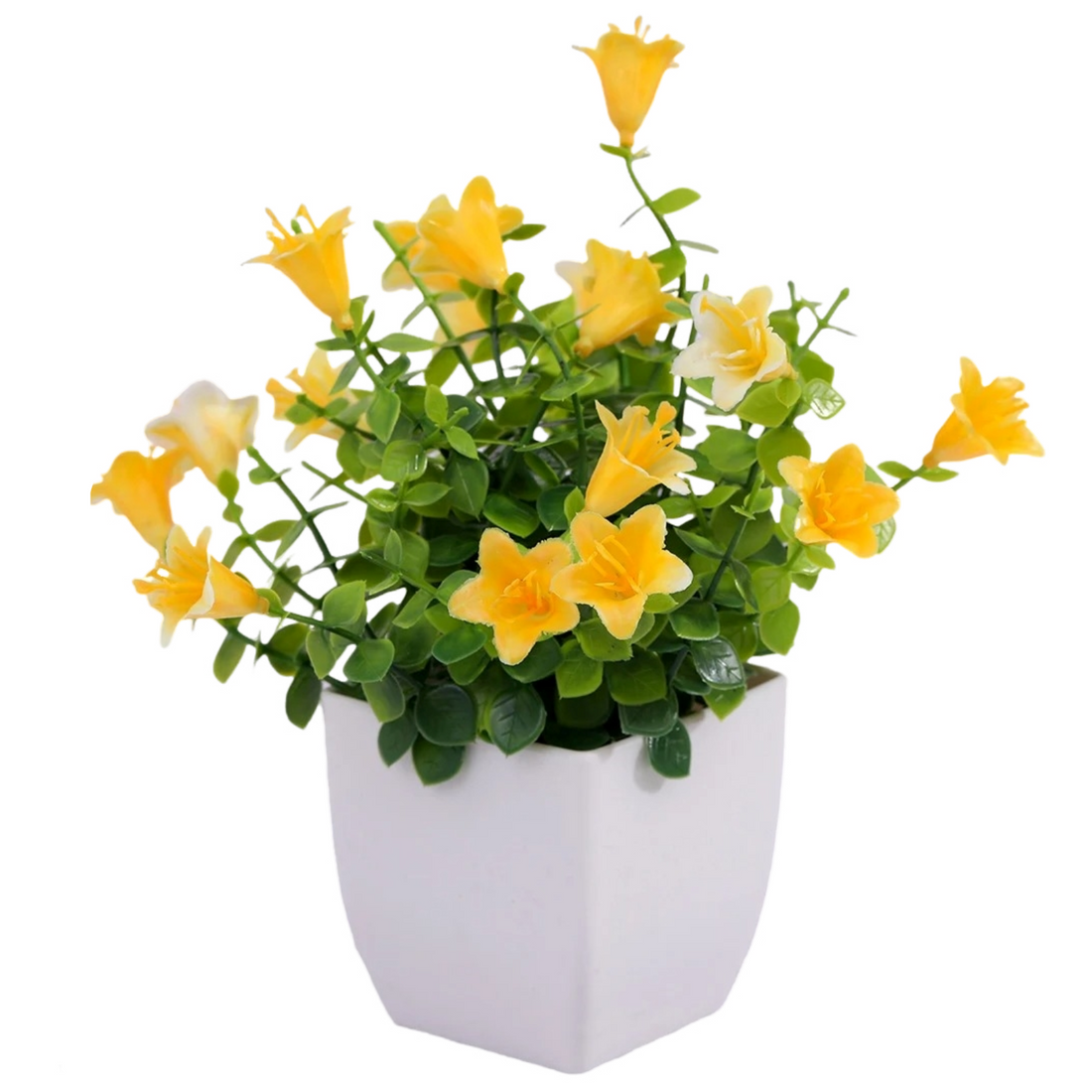 Plante artificielle en pot - Fleurs jaunes et feuillage vert - 19 cm