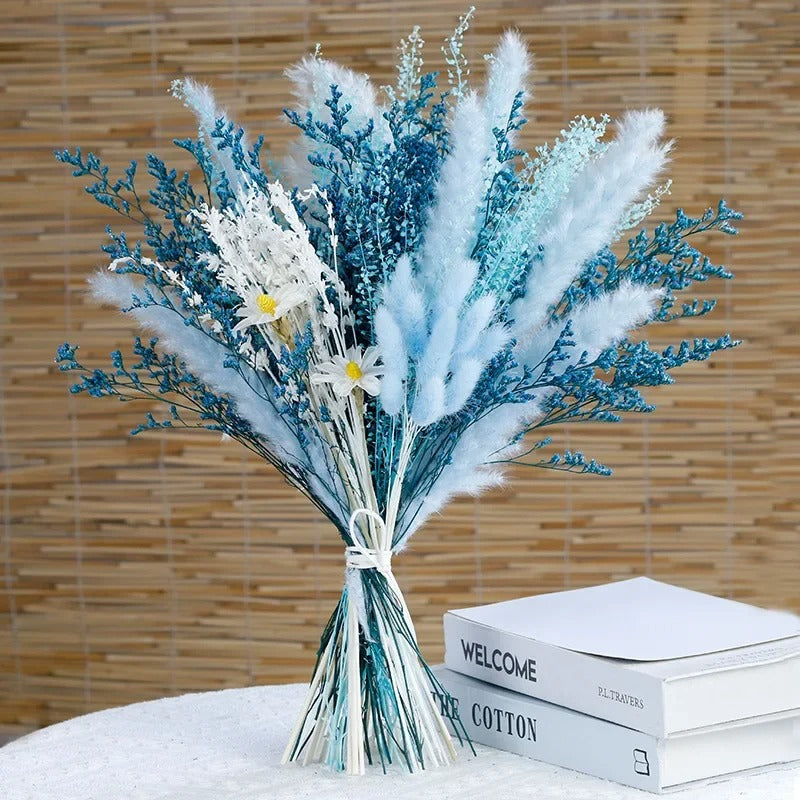 Bouquet de Fleurs Séchées Artificielles – Pampas, Marguerites et Fleurs Bleues