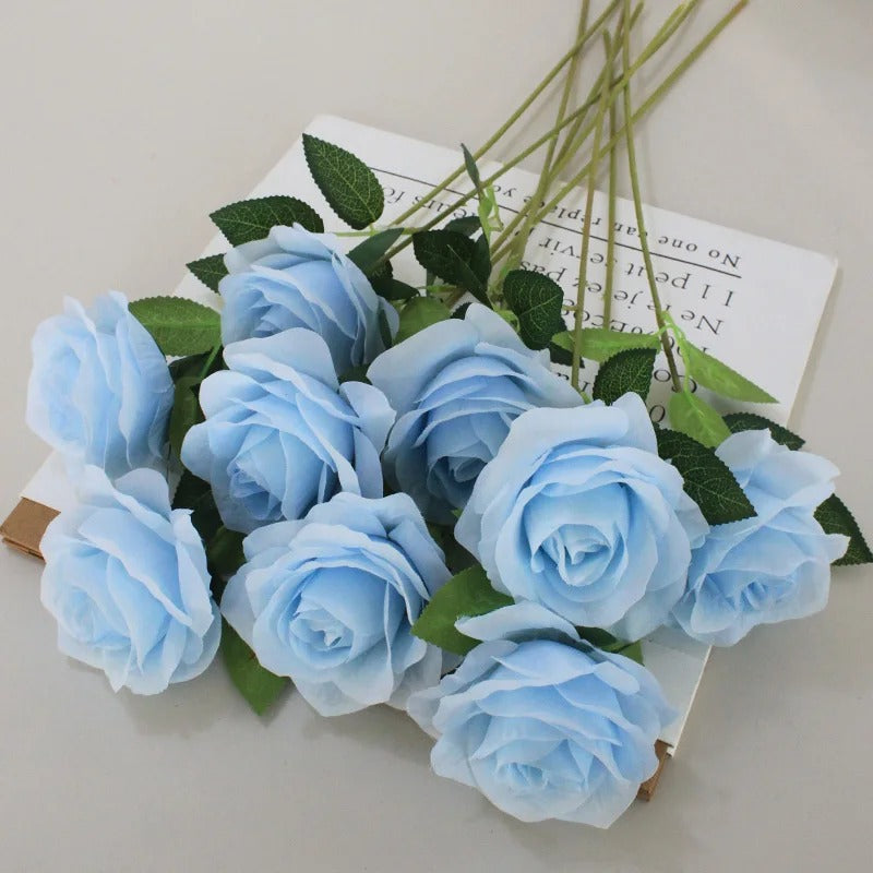 Bouquet de 10 roses artificielles - Bleu ciel