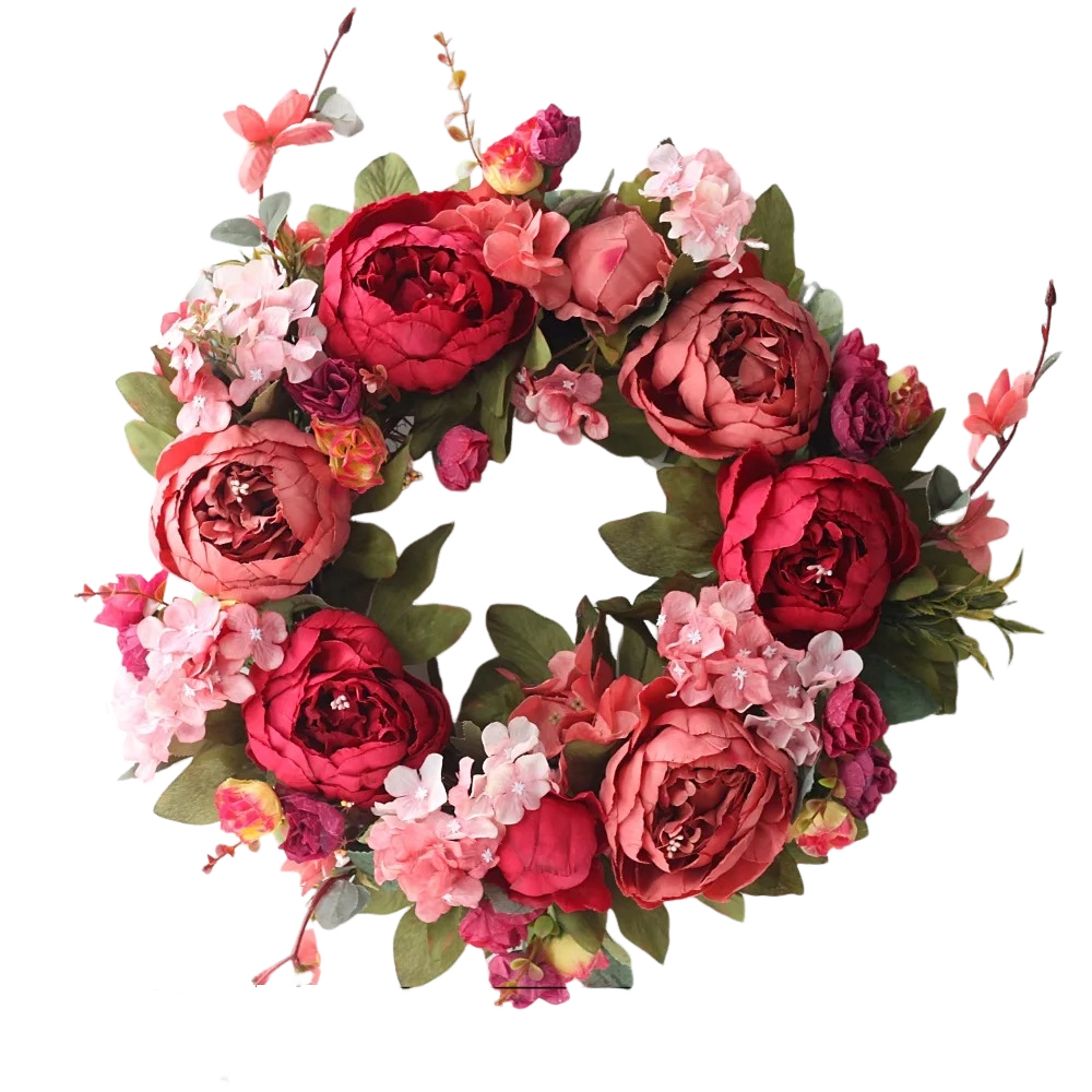 Couronne artificielle de pivoines rouges et roses avec hortensias – 40 cm