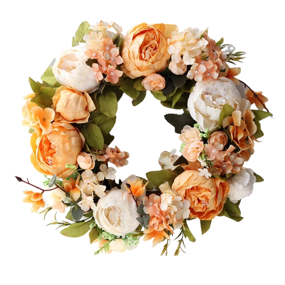 Couronne artificielle de pivoines crème et pêche – 40 cm