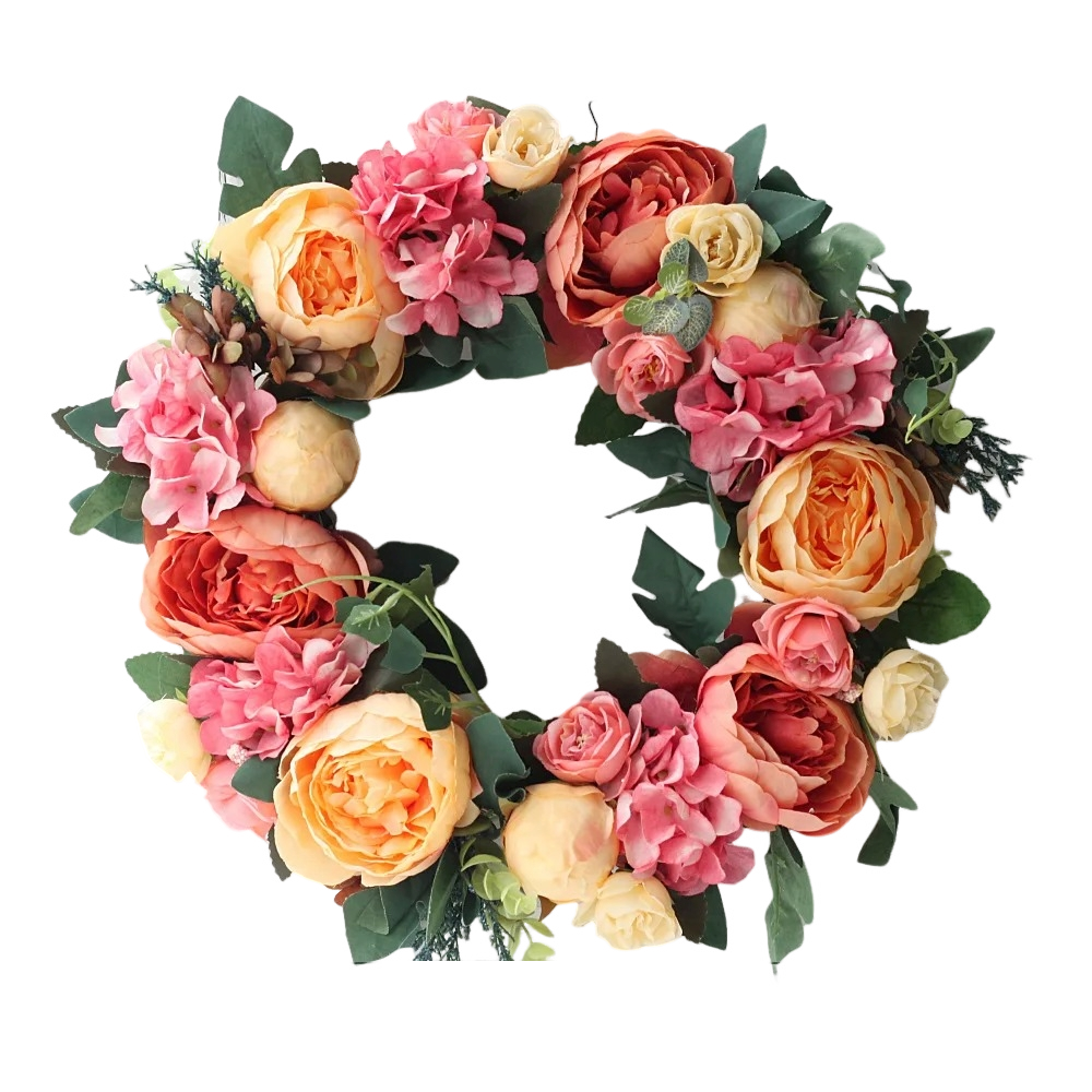 Couronne artificielle de pivoines pêche et roses avec hortensias – 40 cm