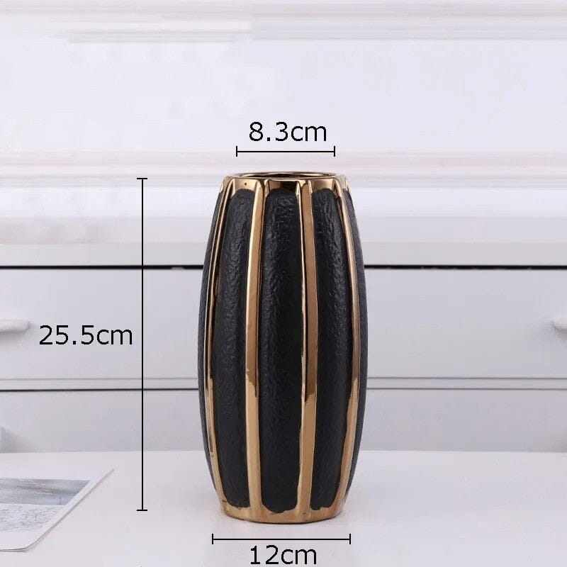 Vase Cylindrique en Céramique Noire et Dorée