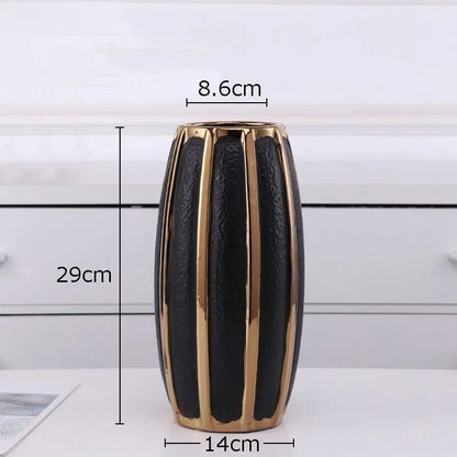 Vase Cylindrique en Céramique Noire et Dorée